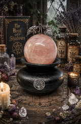 Lilith Rose Quartz Sphere on Handmade Clay Stand with Lilith Sigil 1.5 pounds
