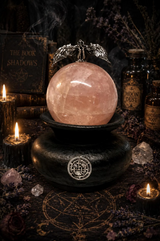 Lilith Rose Quartz Sphere on Handmade Clay Stand with Lilith Sigil 1.5 pounds