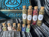 Witch's Apothecary Box with Herbs and Gemstone Glass Vials + Spells (Triquetra)