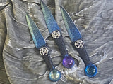 Ombre Athame Dagger: Royal Blue Teal, Pentagram, Glass Stone, 6.5 Inch