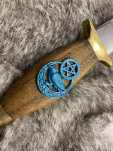 Walnut Athame Dagger: Raven Celtic Pentacle, Teal Metallic Embellishment
