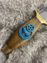 Walnut Athame Dagger: Raven Celtic Pentacle, Teal Metallic Embellishment