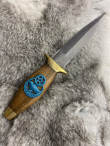 Walnut Athame Dagger: Raven Celtic Pentacle, Teal Metallic Embellishment