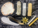 Smudging Gift Set: Sage, Selenite, Palo Santo, Scallop Shell & Handmade Feather