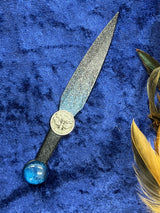 Athame / Dagger - Blue Black Metallic Moon Phases Moth Blue Glass Stone 6.5 Inches (MINI-1062)