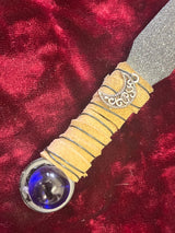 Crescent Moon Athame: Leather Wire Wrap, Blue Glass Sphere - 6.5 Inch