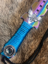 Aurora Borealis Athame: Horned Moth, Clear Stone, Teal Cord - 7.5" OOAK