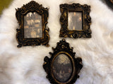 Three Antiqued Frames Lot with Witchy Theme Black Candles Apothecary Moth Handmade Small 002