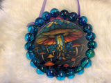 Suncatcher Mushroom Ribbon Hanging Glass Dark Blue Discs Acrylic and Glass Handmade