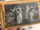 Wood Plaque Dancing Witches 5"x3" Stained and Sealed Embellishments Bronze Pentacle