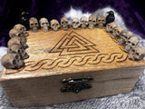 Handmade Oak Tarot Box – Judgement Skull Raven Valknut Carved