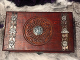Jasper Pentacle Horned Moth Celtic Knot Chest Large Wood Carved Red Mango 10x6" OOAK