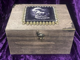 Raven with Bronze Skulls Wooden Large Altar Chest with Metal Embellishments 9.5x7.5x5 Inches