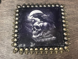 Raven with Bronze Skulls Wooden Large Altar Chest with Metal Embellishments 9.5x7.5x5 Inches