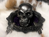 Handmade Resin Skull Statue Climbing out of Picture Frame Purple Crushed Velvet Altar