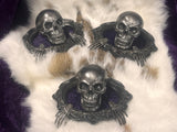 Handmade Resin Skull Statue Climbing out of Picture Frame Purple Crushed Velvet Altar