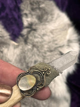 Pocket Wand - Whitetail Deer Antler Quartz Crystal Leather Mother of Pearl 5 Inches