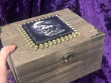 Raven with Bronze Skulls Wooden Large Altar Chest with Metal Embellishments 9.5x7.5x5 Inches