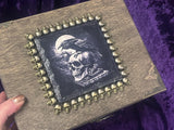 Raven with Bronze Skulls Wooden Large Altar Chest with Metal Embellishments 9.5x7.5x5 Inches