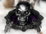 Handmade Resin Skull Statue Climbing out of Picture Frame Purple Crushed Velvet Altar