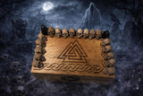 Handmade Oak Tarot Box – Judgement Skull Raven Valknut Carved