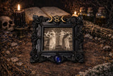 Witches Circle Magnet, Bronze Triple Moon, Blue Glass Stone, Black Antique Frame