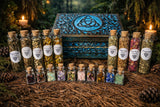 Witch's Apothecary Box with Herbs and Gemstone Glass Vials + Spells (Triquetra)