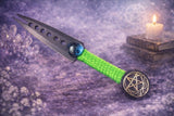 Black Split Blade Athame: Celtic Pentagram, Aqua Glass - 6.5 Inch