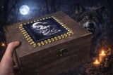 Raven with Bronze Skulls Wooden Large Altar Chest with Metal Embellishments 9.5x7.5x5 Inches