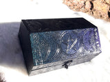 Triple Moon Goddess Box Color Changing Green Purple Metallic Stamped Metal over Wood 4x6 Velvet Lined