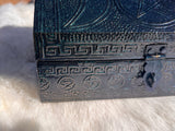 Triple Moon Goddess Box Color Changing Green Purple Metallic Stamped Metal over Wood 4x6 Velvet Lined