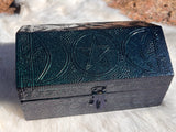 Triple Moon Goddess Box Color Changing Green Purple Metallic Stamped Metal over Wood 4x6 Velvet Lined