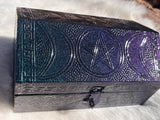 Triple Moon Goddess Box Color Changing Green Purple Metallic Stamped Metal over Wood 4x6 Velvet Lined