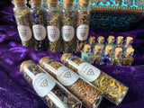 Witch's Apothecary Box with Herbs and Gemstone Glass Vials + Spells