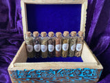 Witch's Apothecary Box with Herbs and Gemstone Glass Vials + Spells