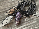 Amethyst or Quartz Crystal Point Pendant with Black Hemp Macrame Braided Cord 32 inch length