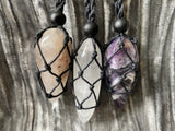 Amethyst or Quartz Crystal Point Pendant with Black Hemp Macrame Braided Cord 32 inch length