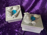 Handmade Herb Box - Paper Mache Seashells and Glass Turquoise Stone