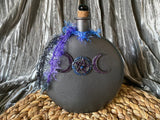 Triple Moon Goddess Altar Jar Gunmetal Glass 8 inches Round Flat