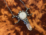 Triple Moon Goddess Gunmetal Handmade Necklace Pendant Rose and Clear Quartz Hand Forged 22 Inches