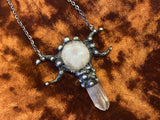 Triple Moon Goddess Gunmetal Handmade Necklace Pendant Rose and Clear Quartz Hand Forged 22 Inches