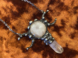Triple Moon Goddess Gunmetal Handmade Necklace Pendant Rose and Clear Quartz Hand Forged 22 Inches