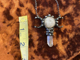 Triple Moon Goddess Gunmetal Handmade Necklace Pendant Rose and Clear Quartz Hand Forged 22 Inches