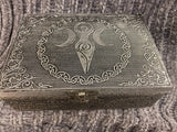 Triple Moon Goddess Chest Metal On Wood Black Velvet Lined 6.75x4.75