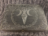 Triple Moon Goddess Chest Metal On Wood Black Velvet Lined 6.75x4.75