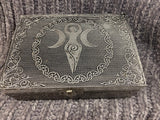 Triple Moon Goddess Chest Metal On Wood Black Velvet Lined 6.75x4.75