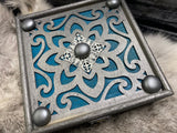 Pewter Box Teal Glass Stones - Laser Cut Wood - 6 Inches Handmade Pentacle