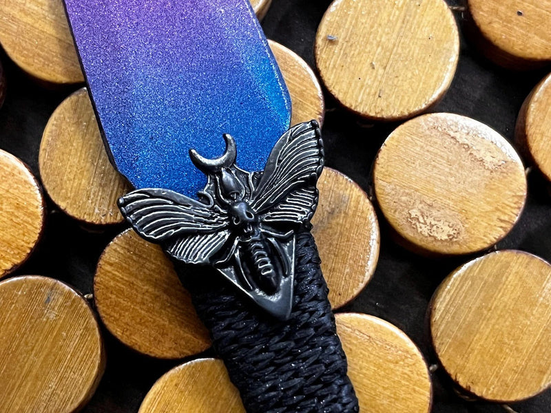 Athame / Dagger - Horned Moth Purple and Blue Ombre Black Blade Metallic Accents Purple Glass Stone 6.5 Inches