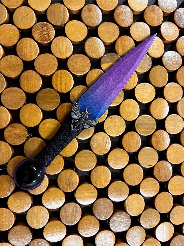 Athame / Dagger - Horned Moth Purple and Blue Ombre Black Blade Metallic Accents Purple Glass Stone 6.5 Inches