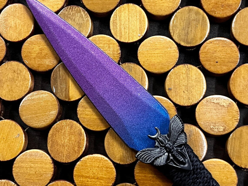 Athame / Dagger - Horned Moth Purple and Blue Ombre Black Blade Metallic Accents Purple Glass Stone 6.5 Inches